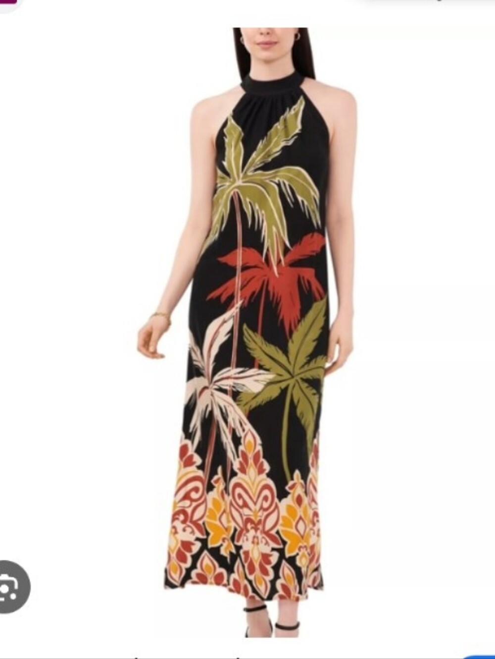 Vince Camuto Black Maxi Dress with Olive, Red & Cream Palm Print